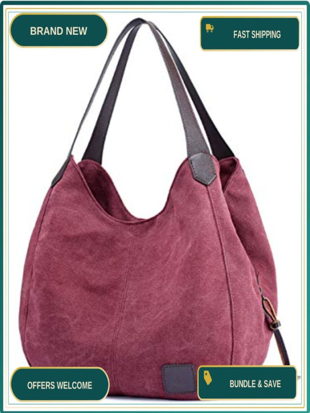 Canvas Hobo Bag Shoulder Handbag with Multi Pockets & Compartments